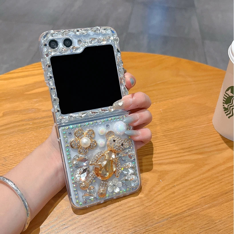Bling Diamond Flower Bear Case for Samsung Galaxy Z Flip 4/5/6/7