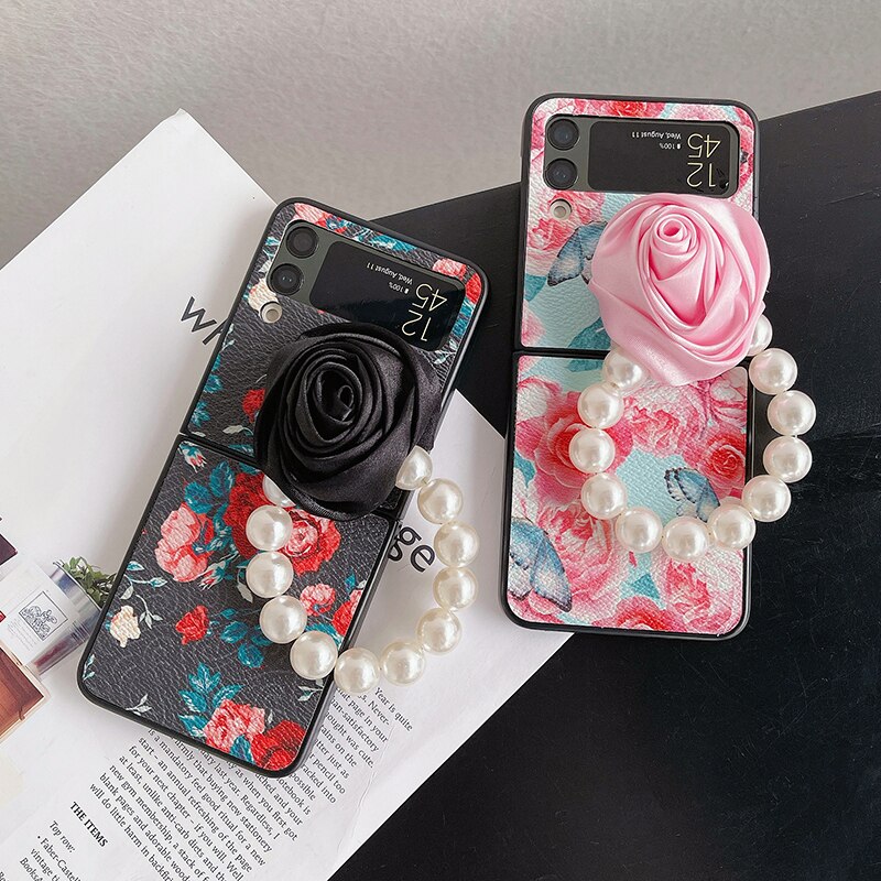Elegant Leather Rose case with Pearl Bracelet For Samsung Galaxy Z Flip Series