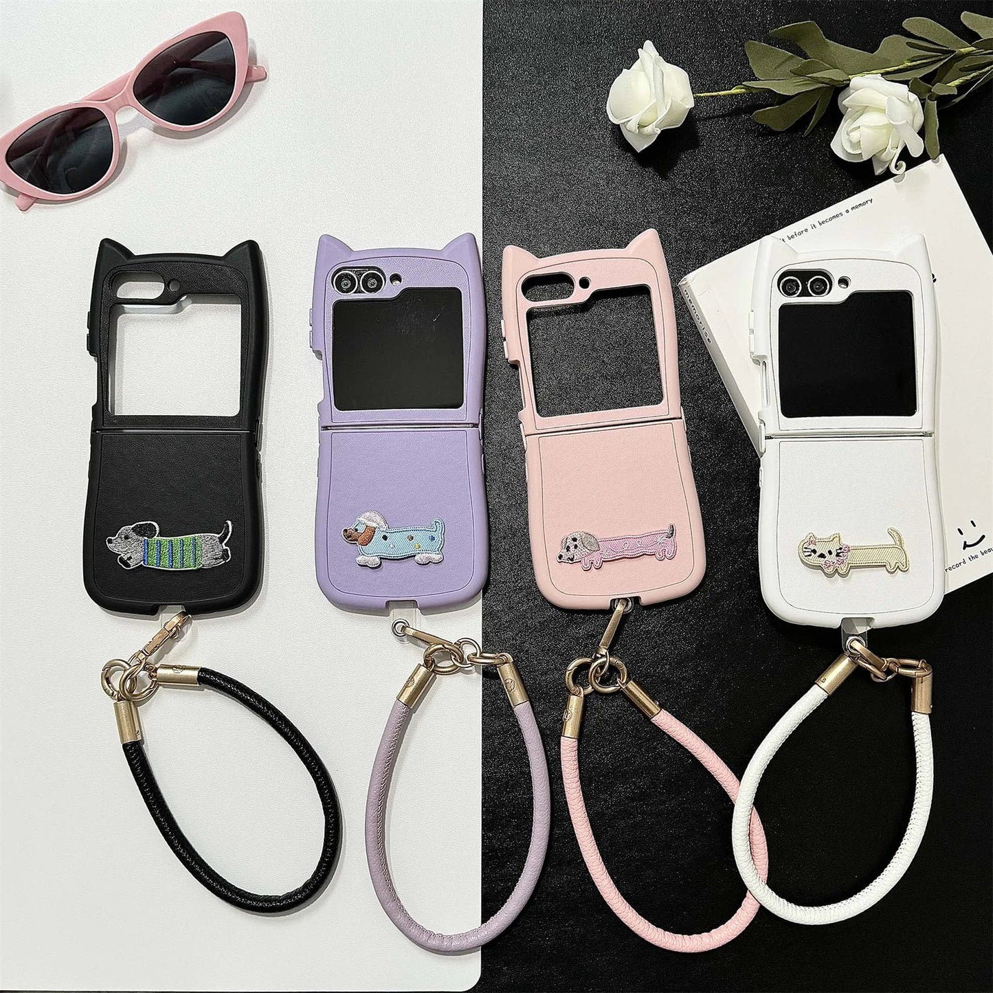 Dopamine Color Embroidery Cat Ear Phone Case with Hand Strap for Galaxy Z Flip 4/5/6/7