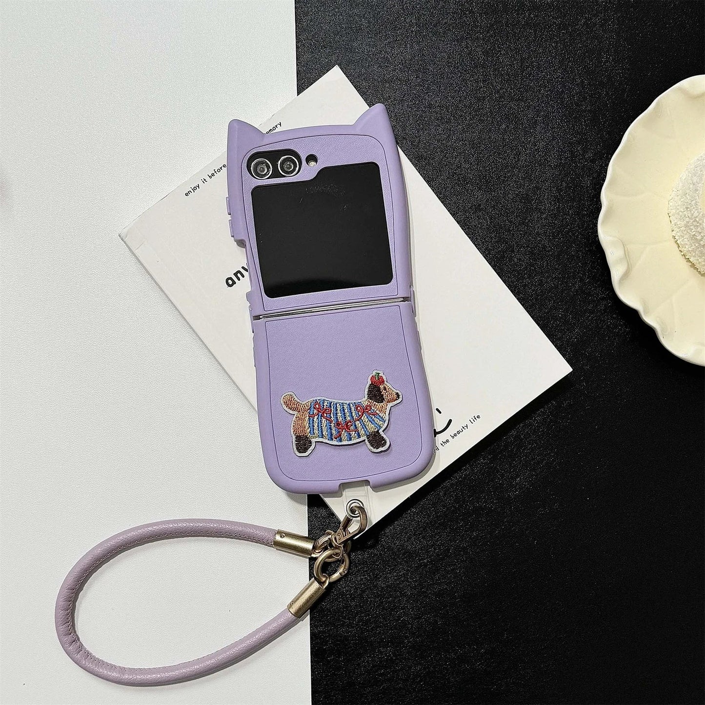 Dopamine Color Embroidery Cat Ear Phone Case with Hand Strap for Galaxy Z Flip 4/5/6/7