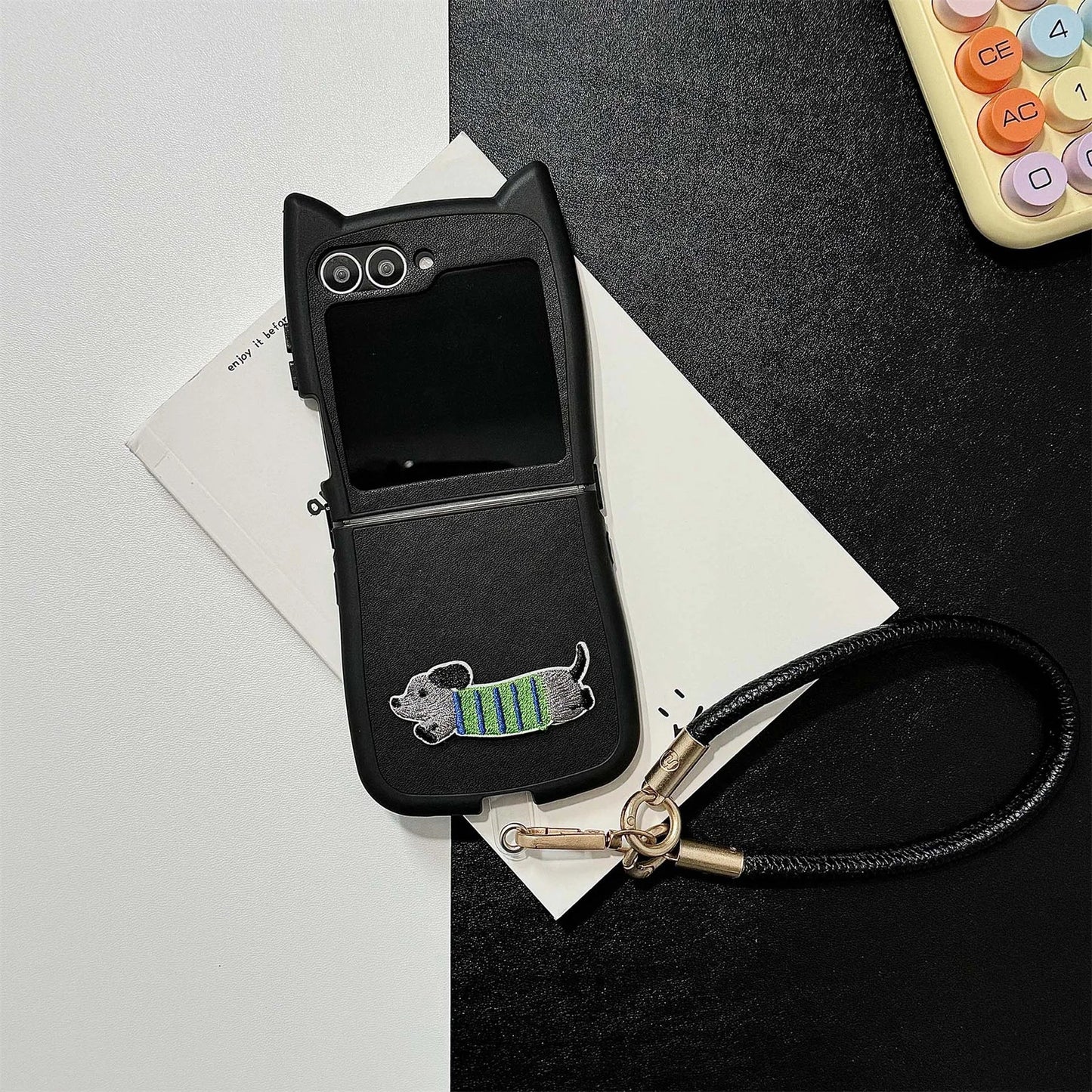 Dopamine Color Embroidery Cat Ear Phone Case with Hand Strap for Galaxy Z Flip 4/5/6/7