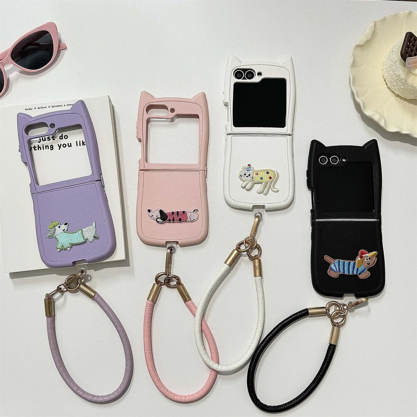Dopamine Color Embroidery Cat Ear Phone Case with Hand Strap for Galaxy Z Flip 4/5/6/7