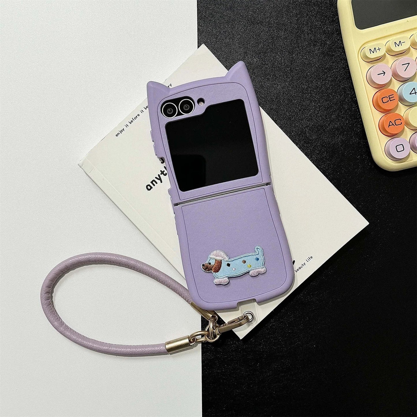 Dopamine Color Embroidery Cat Ear Phone Case with Hand Strap for Galaxy Z Flip 4/5/6/7