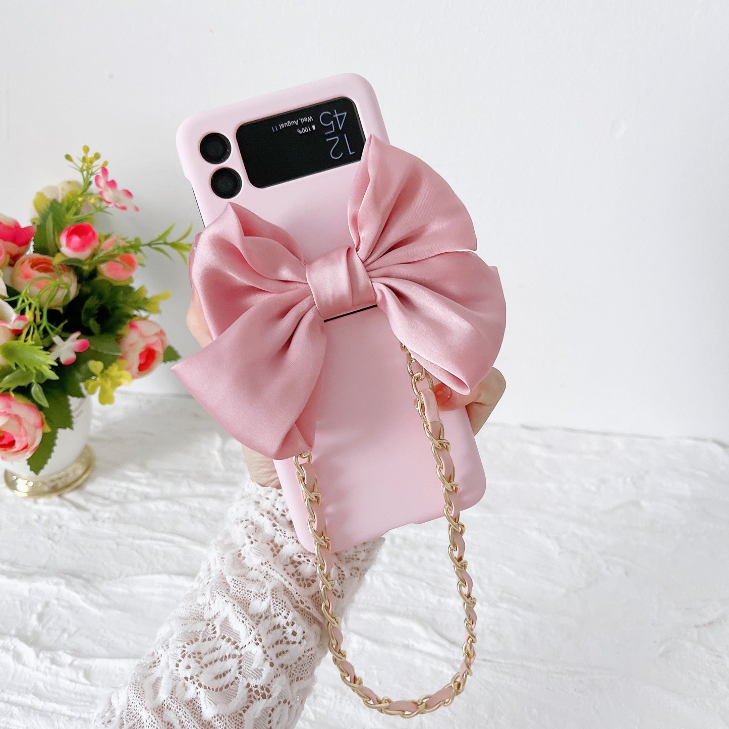 Korean 3D Leather Bow Lanyard Necklace Strap Hard Phone Case For Samsung Galaxy Z Flip Series