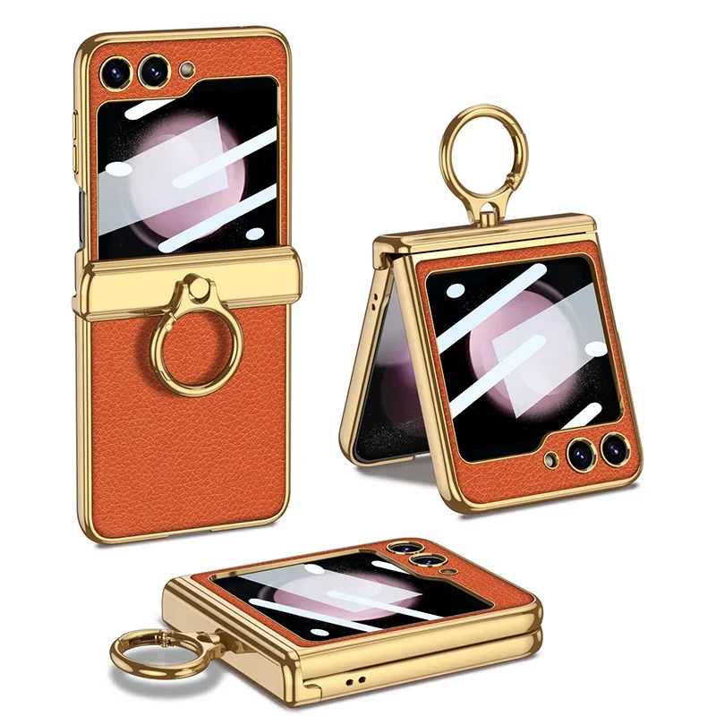 Leather Case With Front Glass & Bracket For Galaxy Z Flip Series