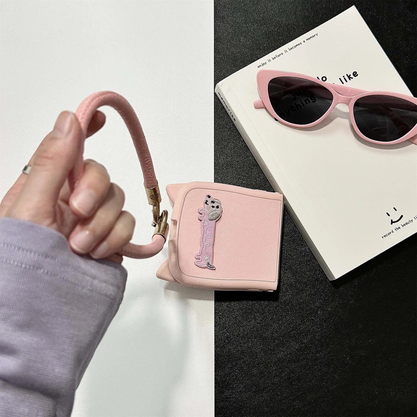 Dopamine Color Embroidery Cat Ear Phone Case with Hand Strap for Galaxy Z Flip 4/5/6/7