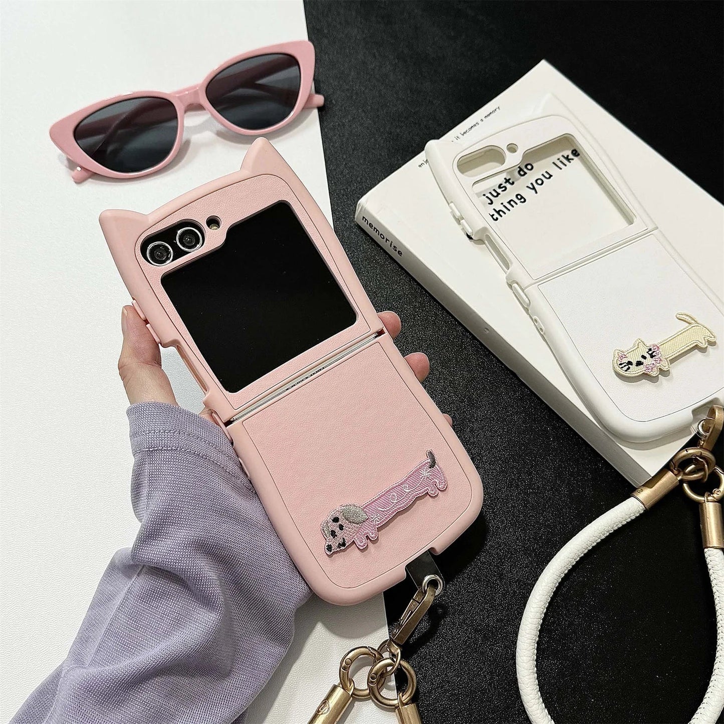 Dopamine Color Embroidery Cat Ear Phone Case with Hand Strap for Galaxy Z Flip 4/5/6/7