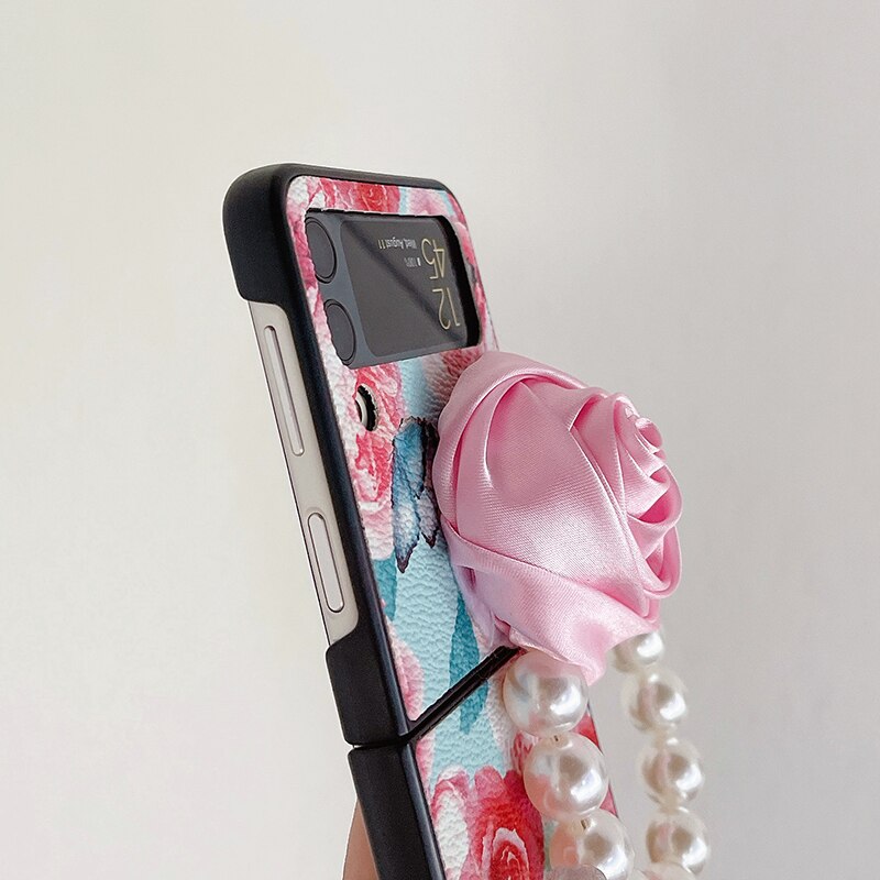 Elegant Leather Rose case with Pearl Bracelet For Samsung Galaxy Z Flip Series