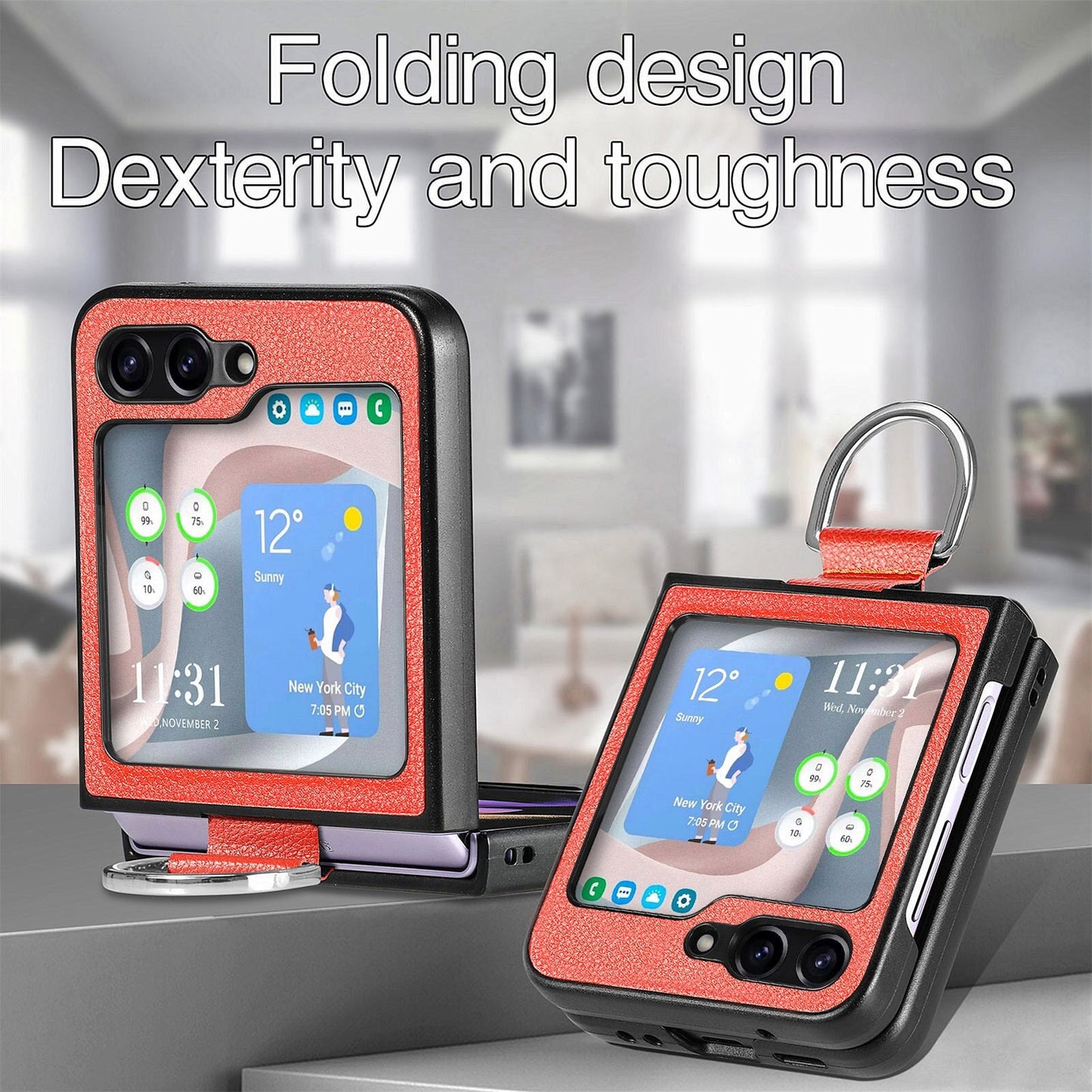 Shockproof Leather Portable Ring Case for Samsung Galaxy Z Flip