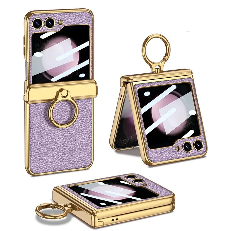 Leather Case With Front Glass & Bracket For Galaxy Z Flip Series