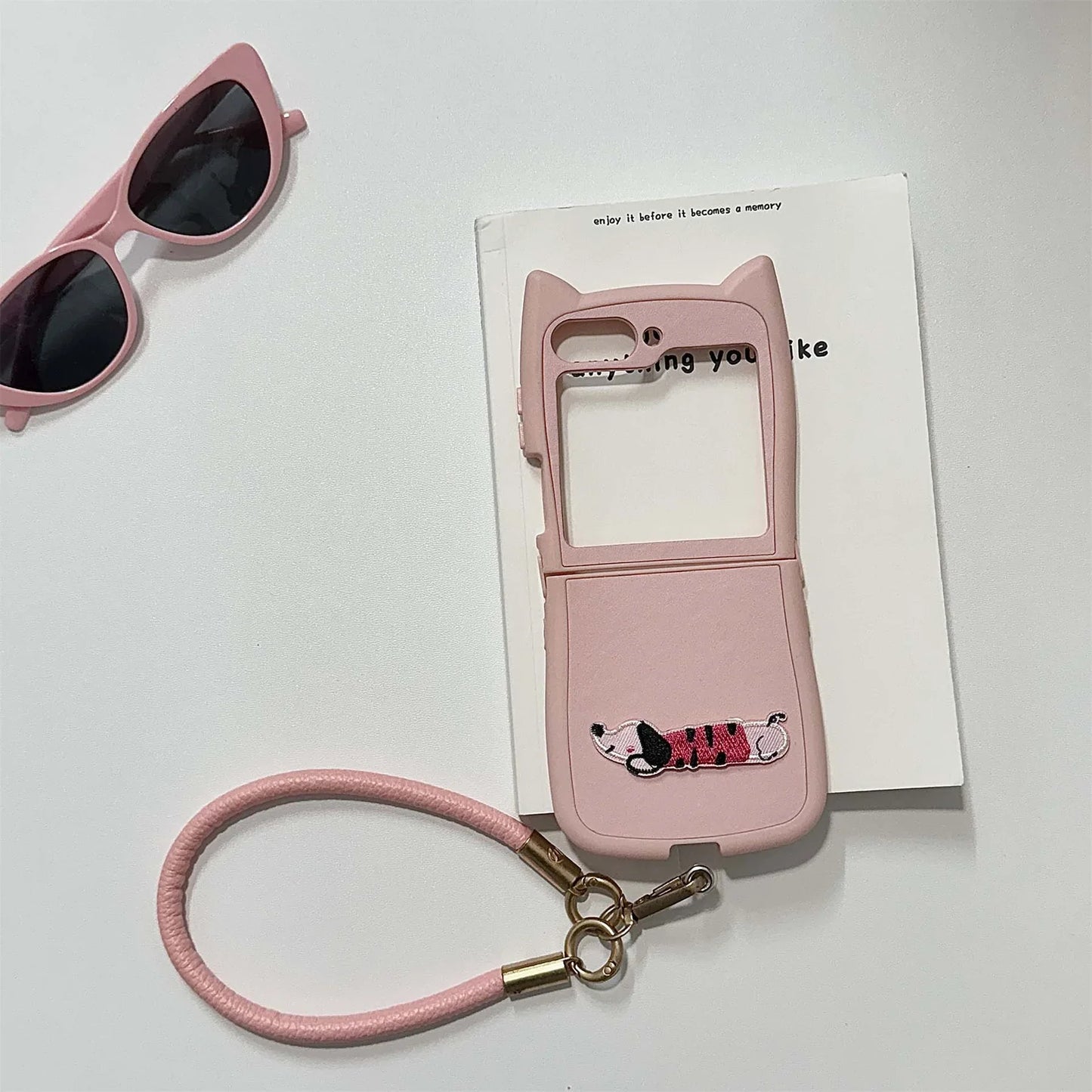 Dopamine Color Embroidery Cat Ear Phone Case with Hand Strap for Galaxy Z Flip 4/5/6/7