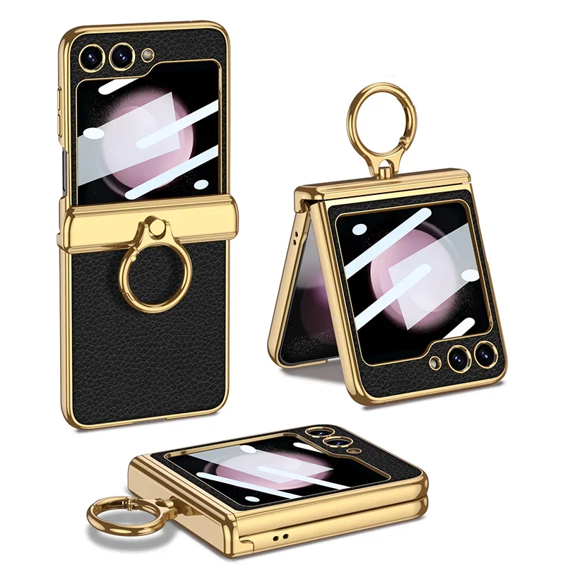 Leather Case With Front Glass & Bracket For Galaxy Z Flip Series