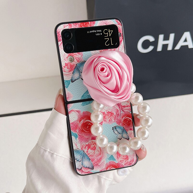 Elegant Leather Rose case with Pearl Bracelet For Samsung Galaxy Z Flip Series