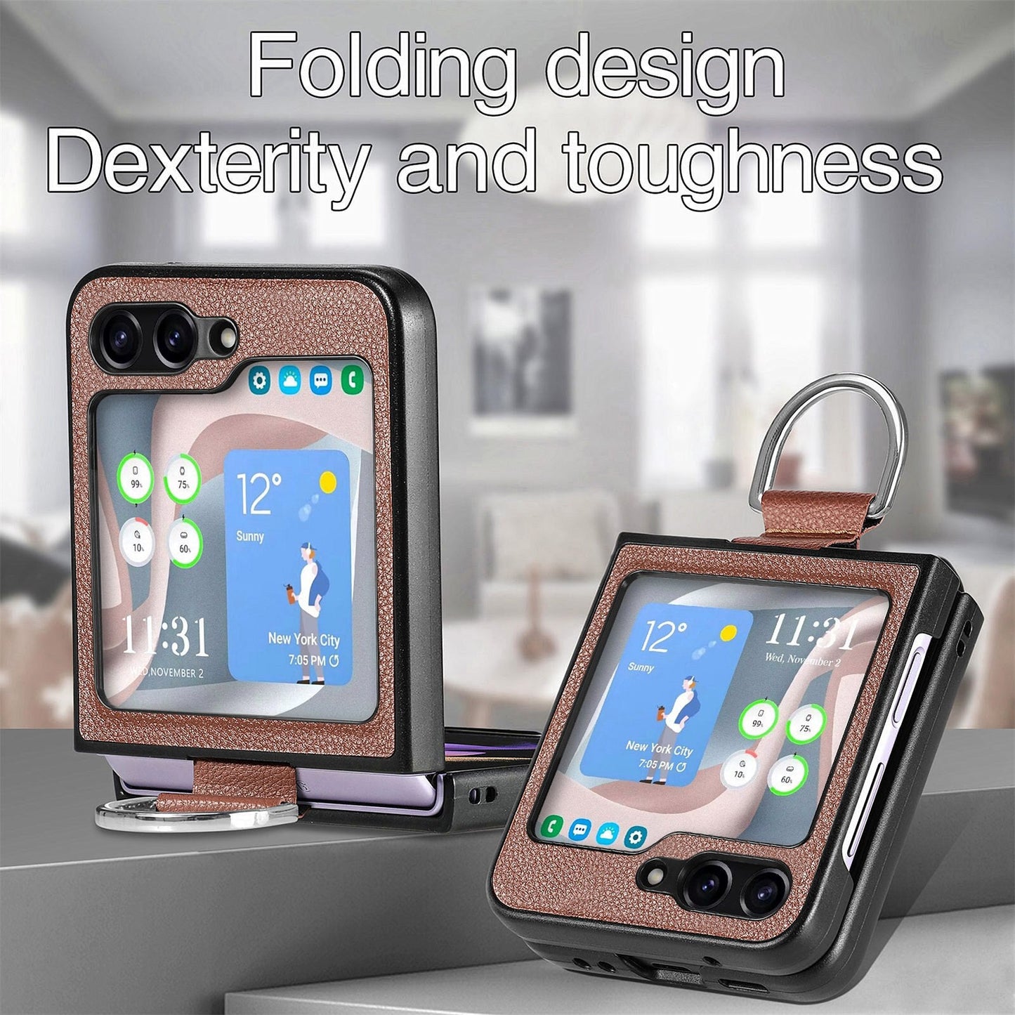 Shockproof Leather Portable Ring Case for Samsung Galaxy Z Flip