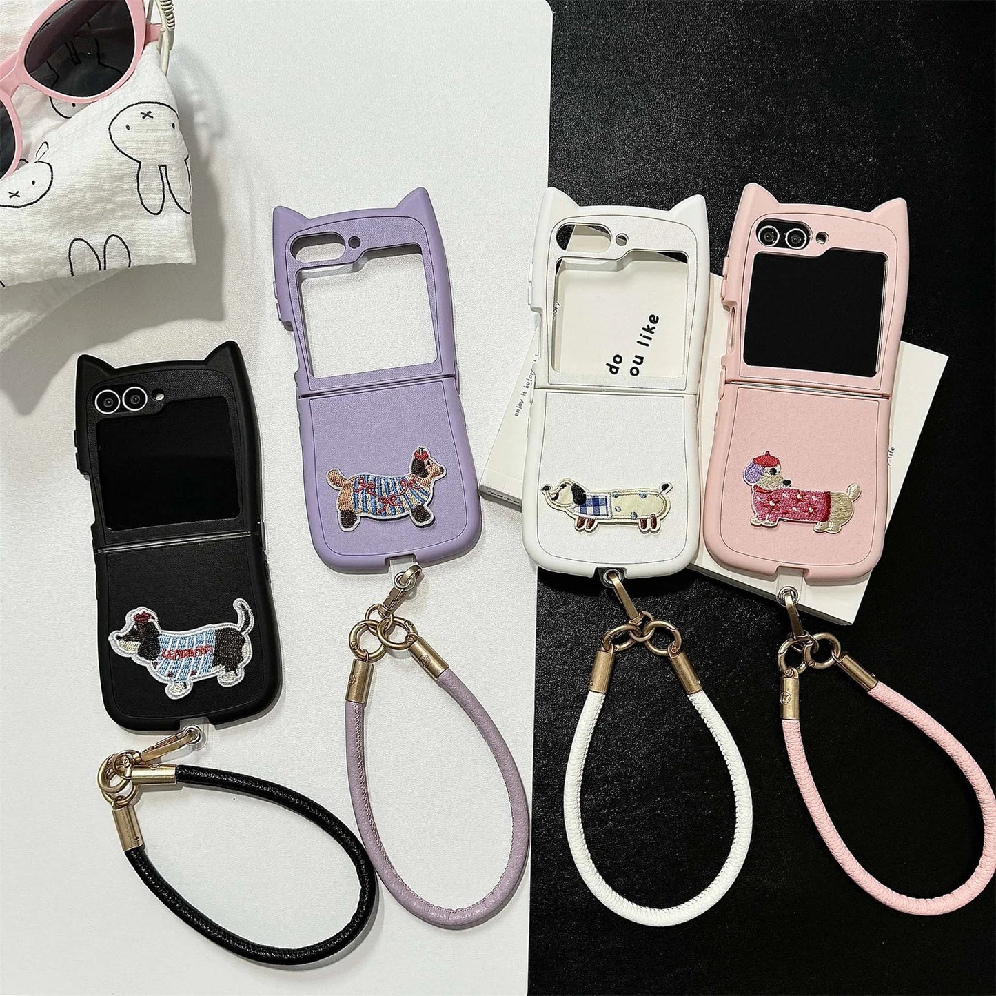 Dopamine Color Embroidery Cat Ear Phone Case with Hand Strap for Galaxy Z Flip 4/5/6/7