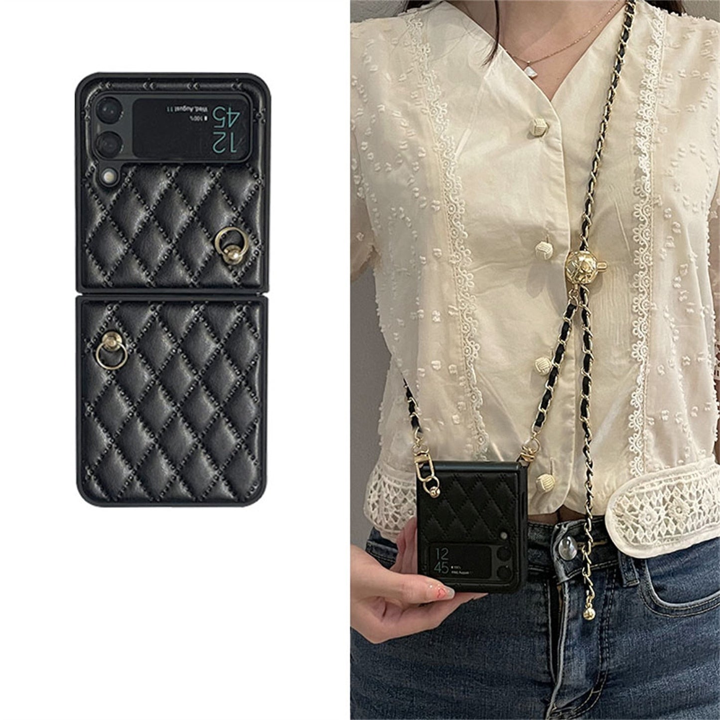 Luxury Adjustable Leather Chain Retro Rhombus Case for Samsung Galaxy Z Flip Series