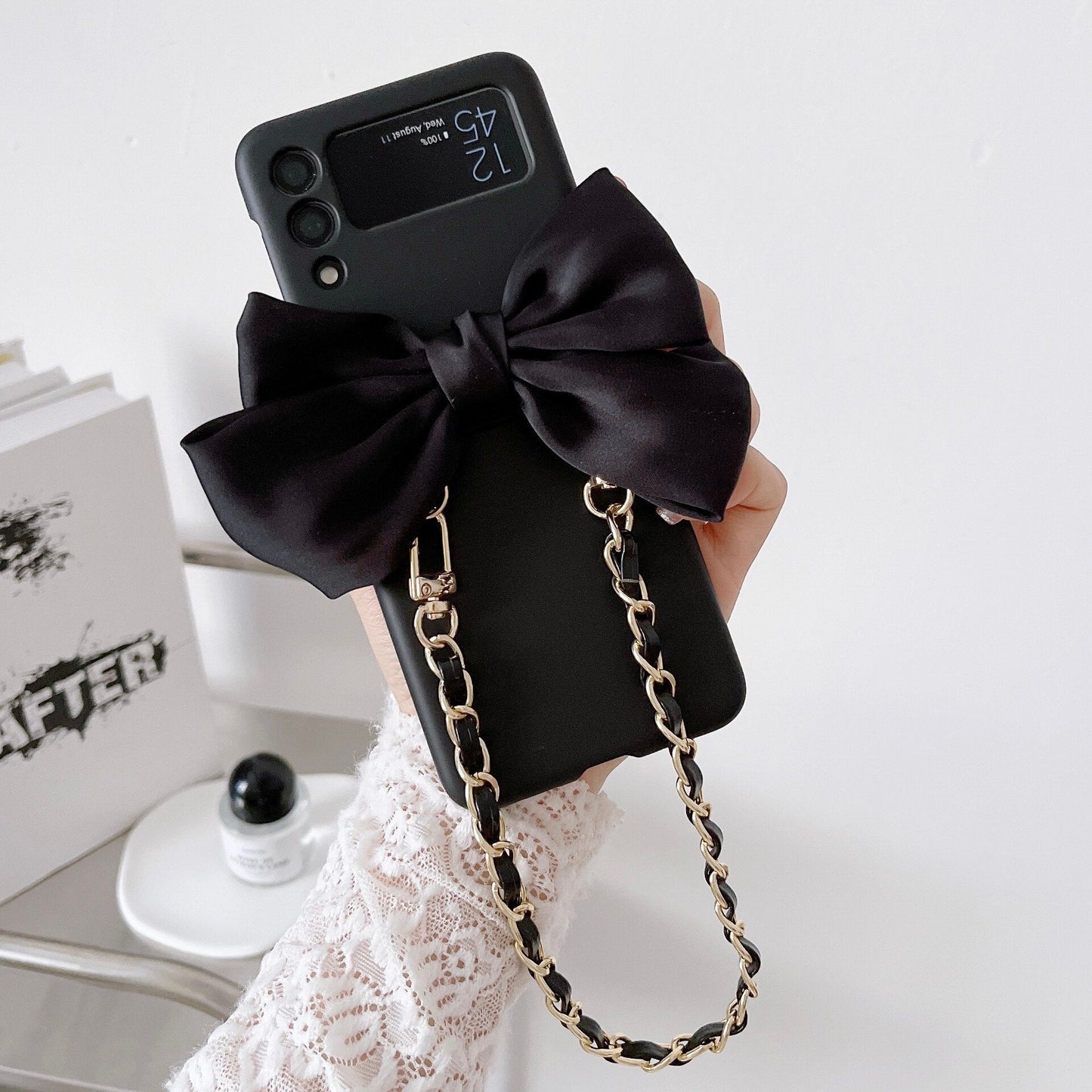 Korean 3D Leather Bow Lanyard Necklace Strap Hard Phone Case For Samsung Galaxy Z Flip Series