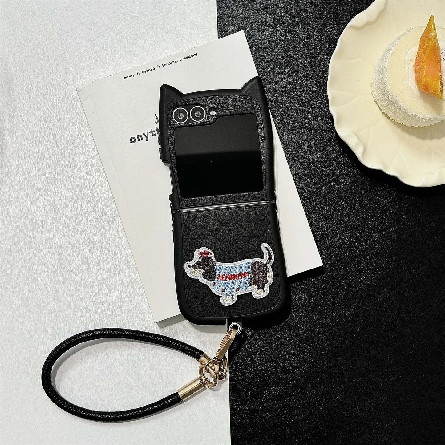 Dopamine Color Embroidery Cat Ear Phone Case with Hand Strap for Galaxy Z Flip 4/5/6/7