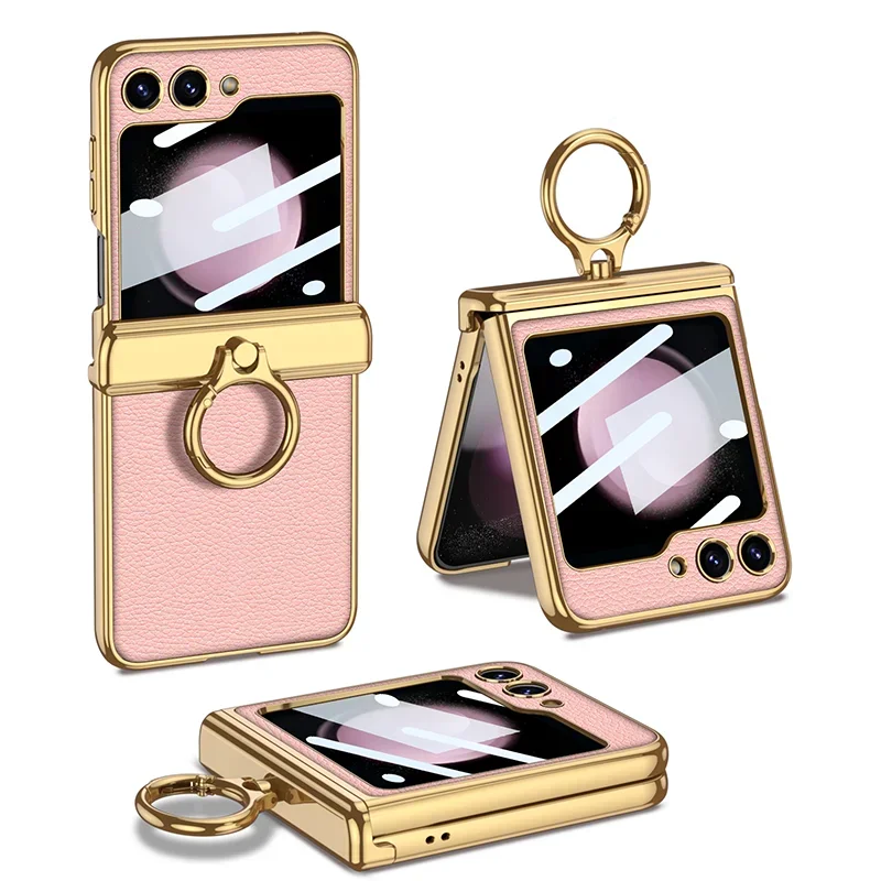 Leather Case With Front Glass & Bracket For Galaxy Z Flip Series