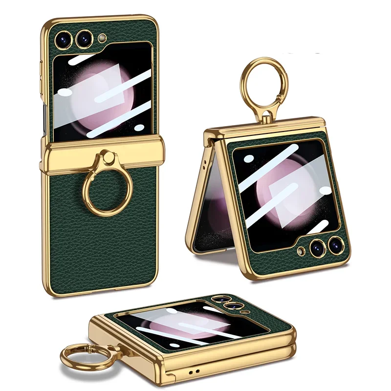 Leather Case With Front Glass & Bracket For Galaxy Z Flip Series