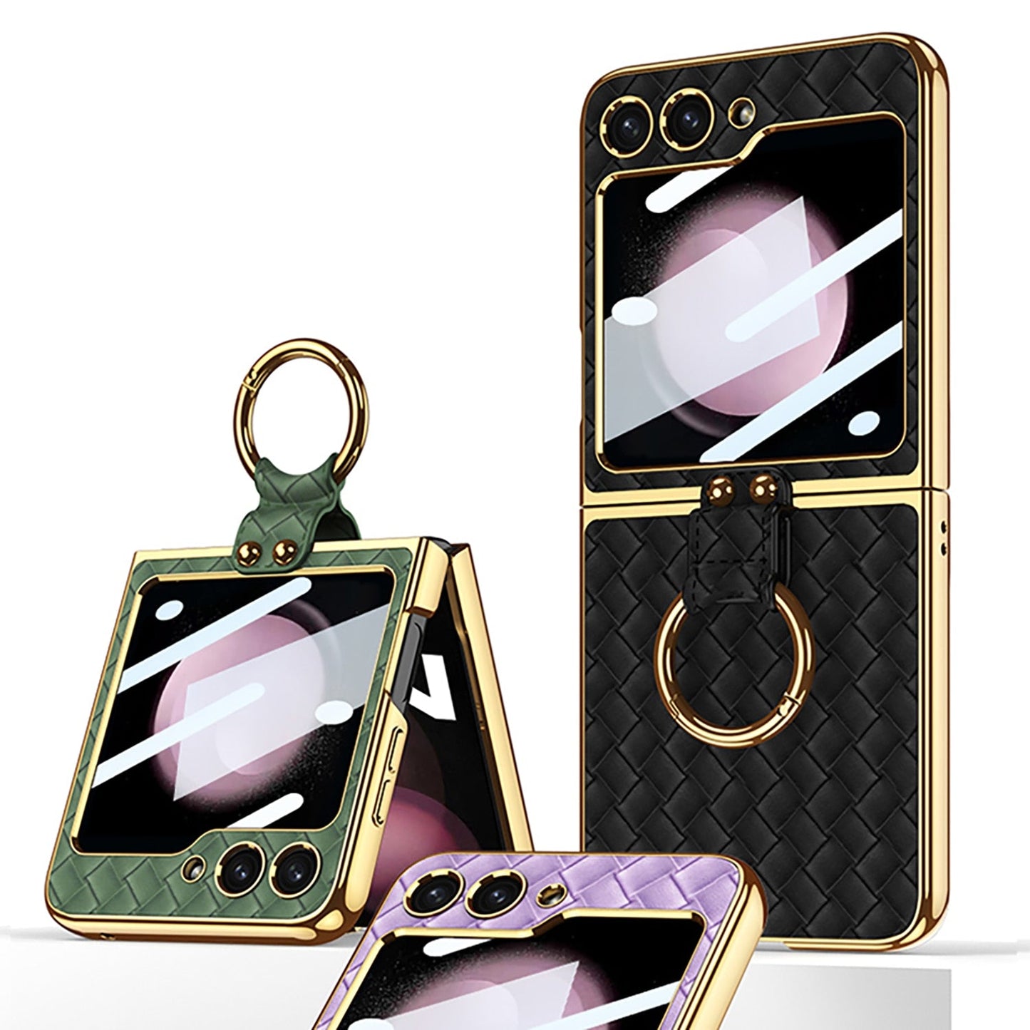 Leather Pattern Case with Ring Holder Bracket for Samsung Galaxy Z Flip Series