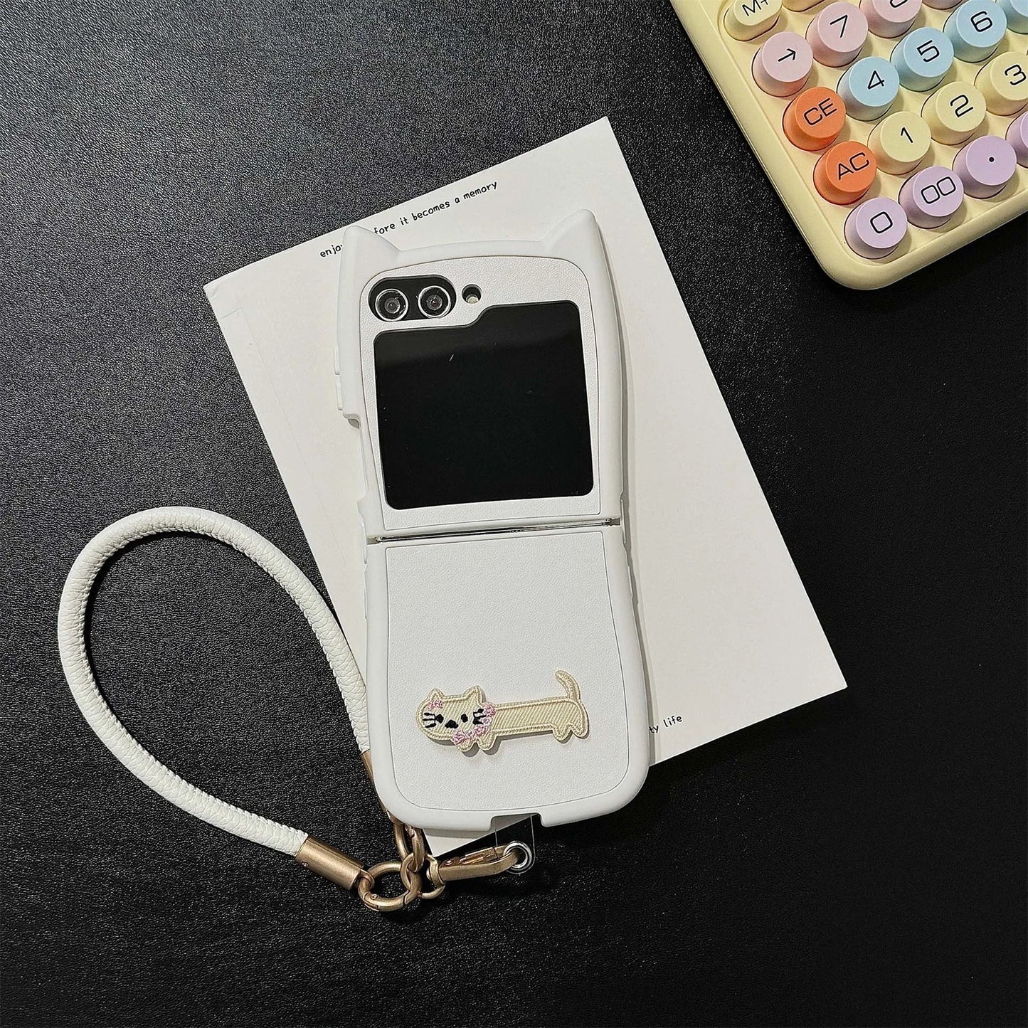 Dopamine Color Embroidery Cat Ear Phone Case with Hand Strap for Galaxy Z Flip 4/5/6/7