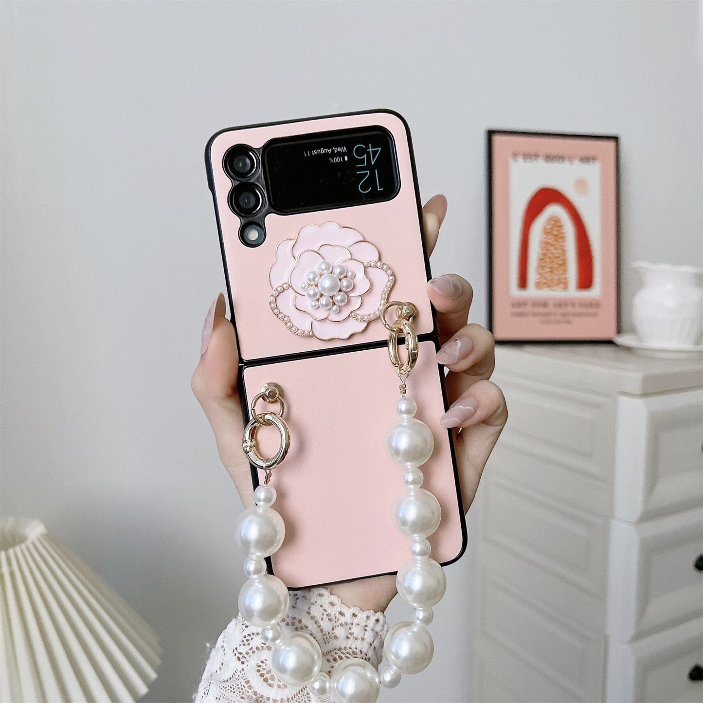 Luxury Pearl Bracelet Chain Camellia Case for Samsung Galaxy Z Flip 4