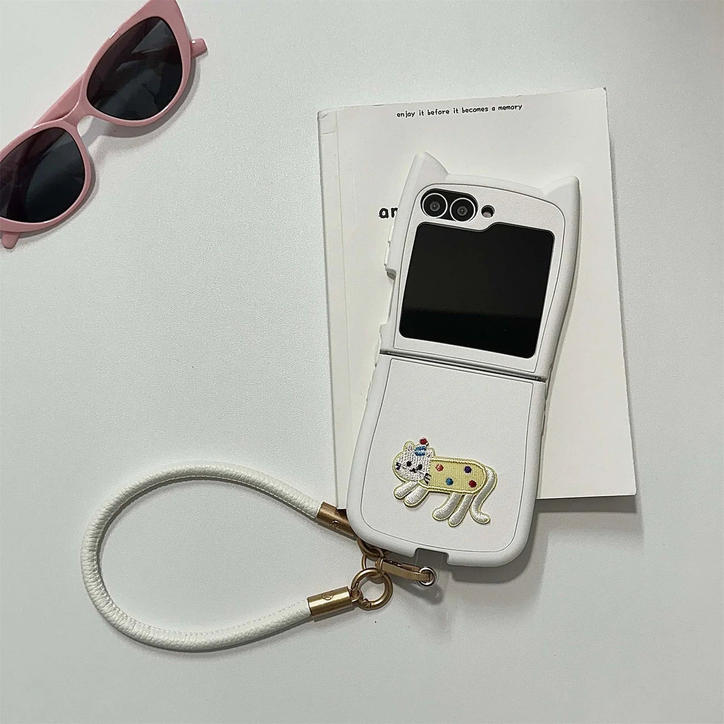 Dopamine Color Embroidery Cat Ear Phone Case with Hand Strap for Galaxy Z Flip 4/5/6/7
