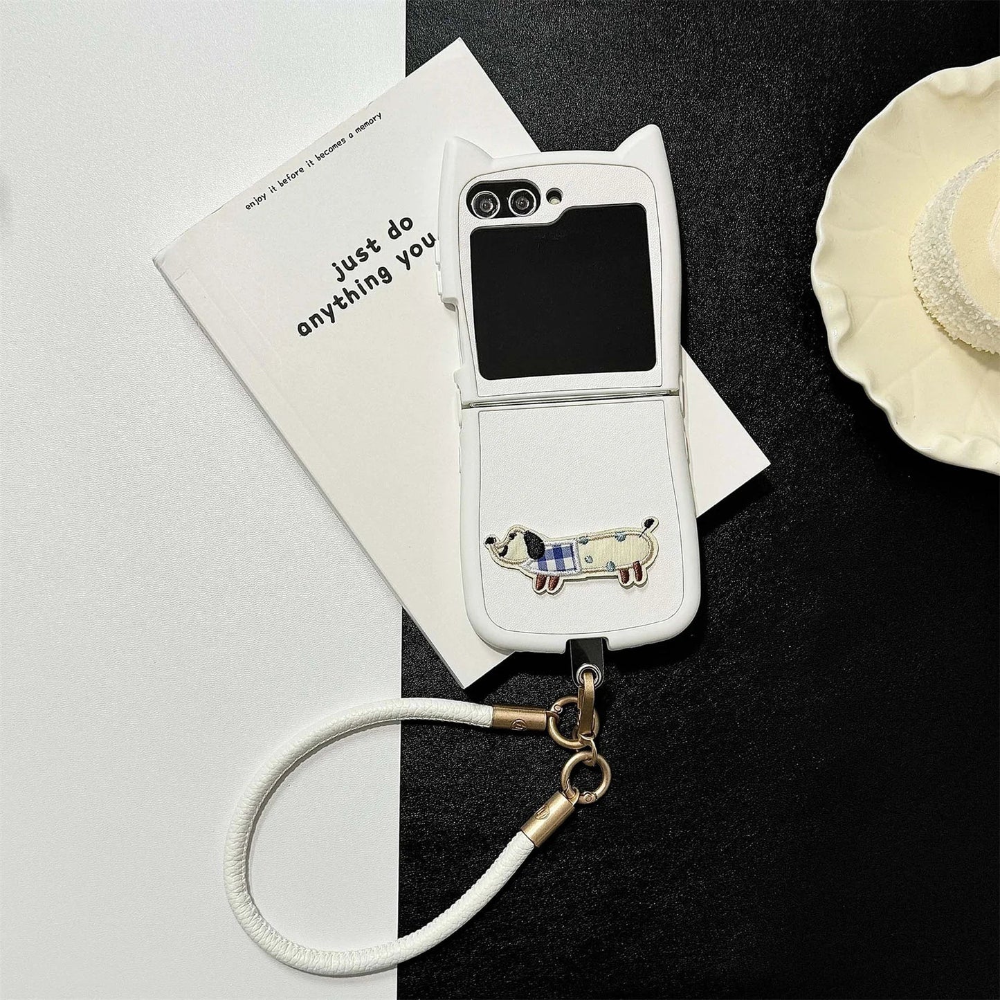 Dopamine Color Embroidery Cat Ear Phone Case with Hand Strap for Galaxy Z Flip 4/5/6/7