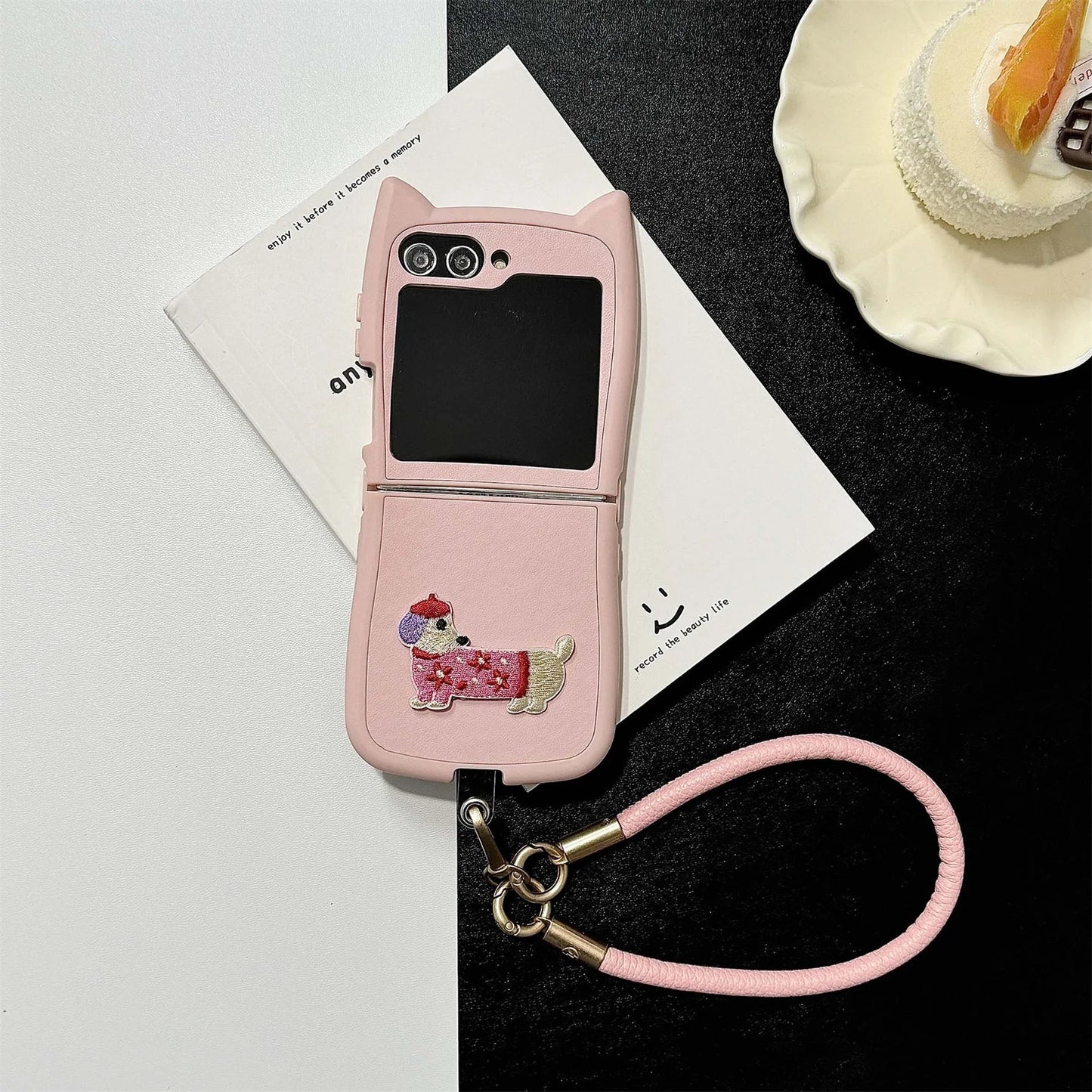 Dopamine Color Embroidery Cat Ear Phone Case with Hand Strap for Galaxy Z Flip 4/5/6/7