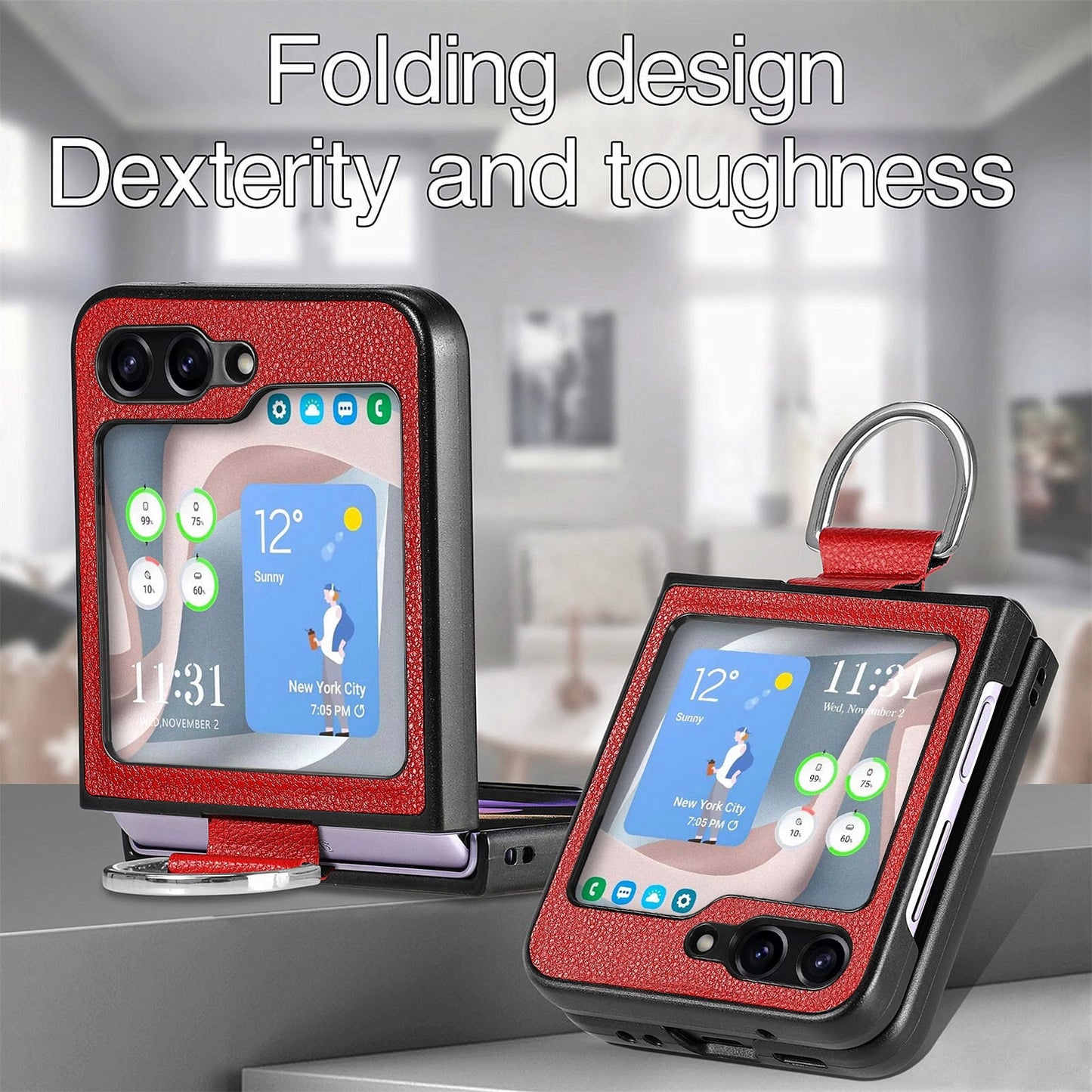 Shockproof Leather Portable Ring Case for Samsung Galaxy Z Flip