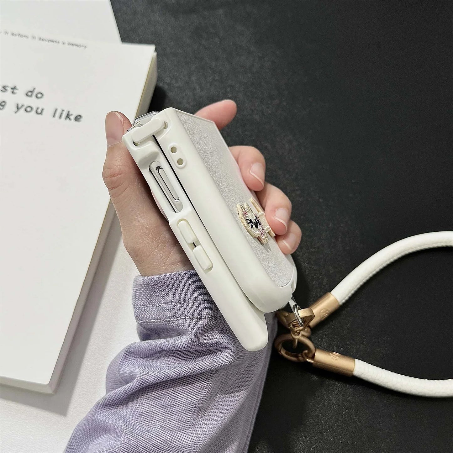 Dopamine Color Embroidery Cat Ear Phone Case with Hand Strap for Galaxy Z Flip 4/5/6/7