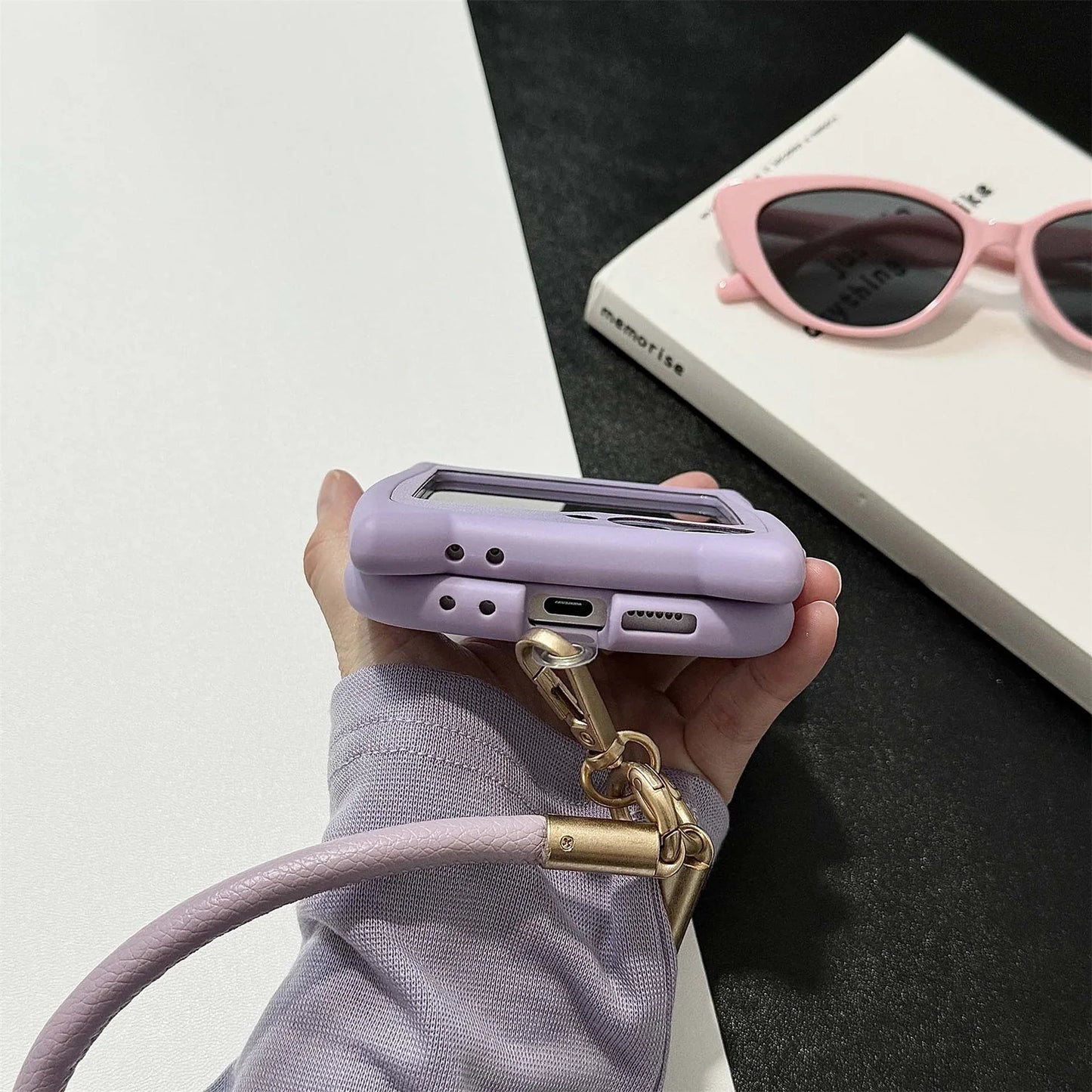 Dopamine Color Embroidery Cat Ear Phone Case with Hand Strap for Galaxy Z Flip 4/5/6/7