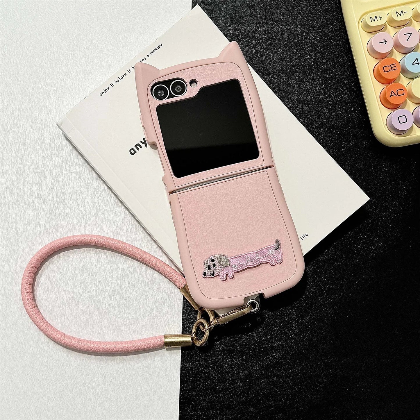 Dopamine Color Embroidery Cat Ear Phone Case with Hand Strap for Galaxy Z Flip 4/5/6/7
