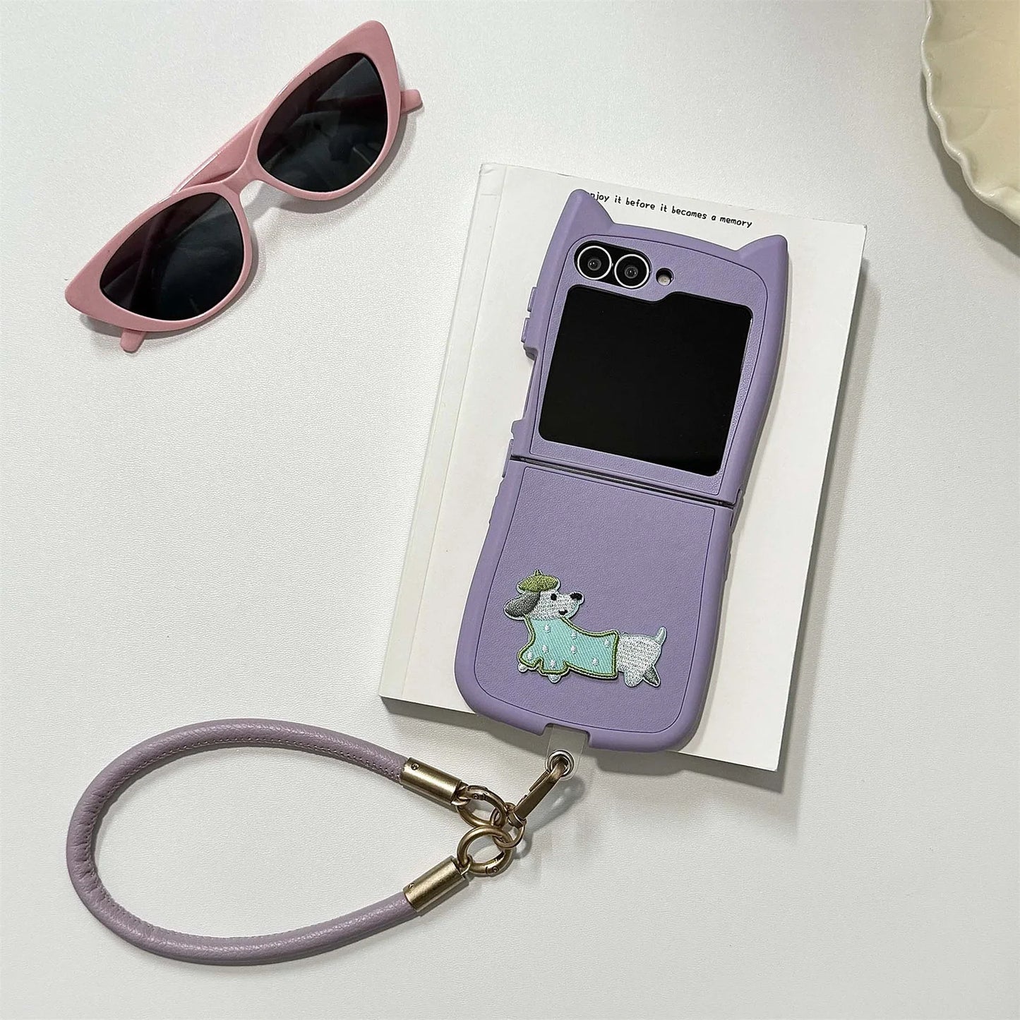 Dopamine Color Embroidery Cat Ear Phone Case with Hand Strap for Galaxy Z Flip 4/5/6/7