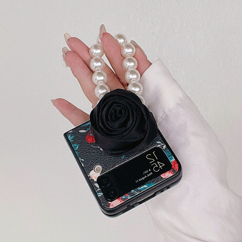 Elegant Leather Rose case with Pearl Bracelet For Samsung Galaxy Z Flip Series