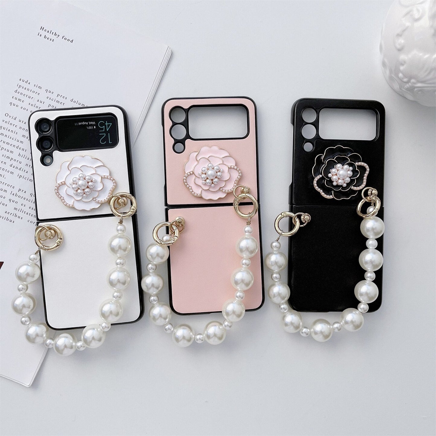 Luxury Pearl Bracelet Chain Camellia Case for Samsung Galaxy Z Flip 4