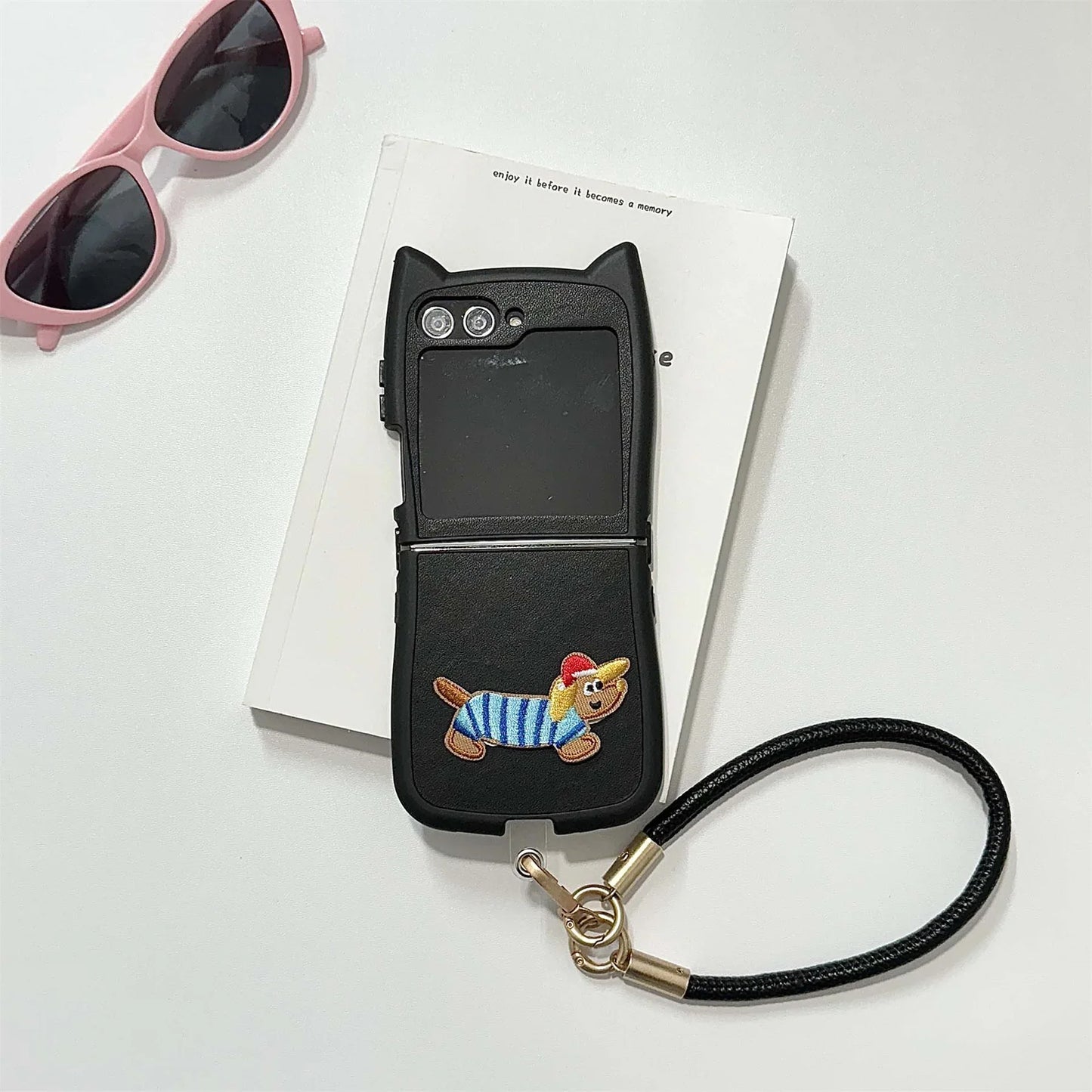 Dopamine Color Embroidery Cat Ear Phone Case with Hand Strap for Galaxy Z Flip 4/5/6/7