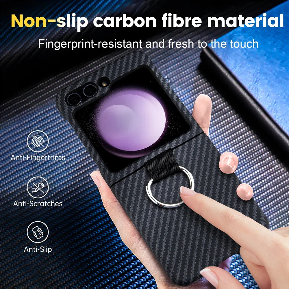 Shockproof Carbon Fiber Case with Ring Holder for Samsung Galaxy Z Flip 7 & 6