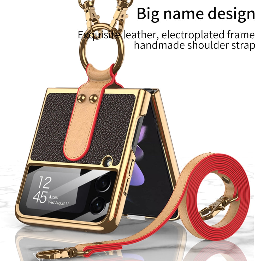 Luxury Leather Back Screen Tempered Glass Hard Frame Cover For Samsung Z Flip Series With Lanyard