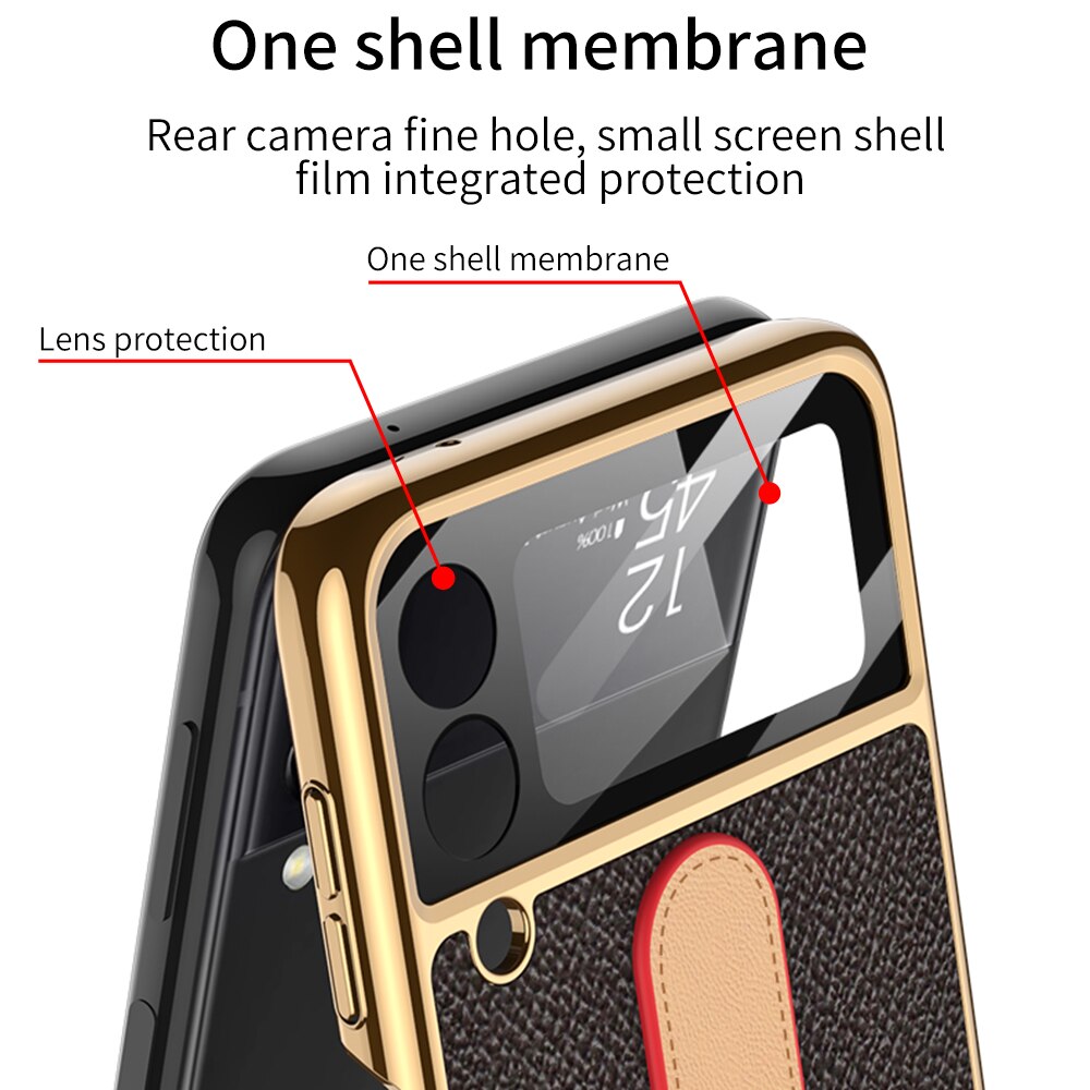 Luxury Leather Back Screen Tempered Glass Hard Frame Cover For Samsung Z Flip Series With Lanyard