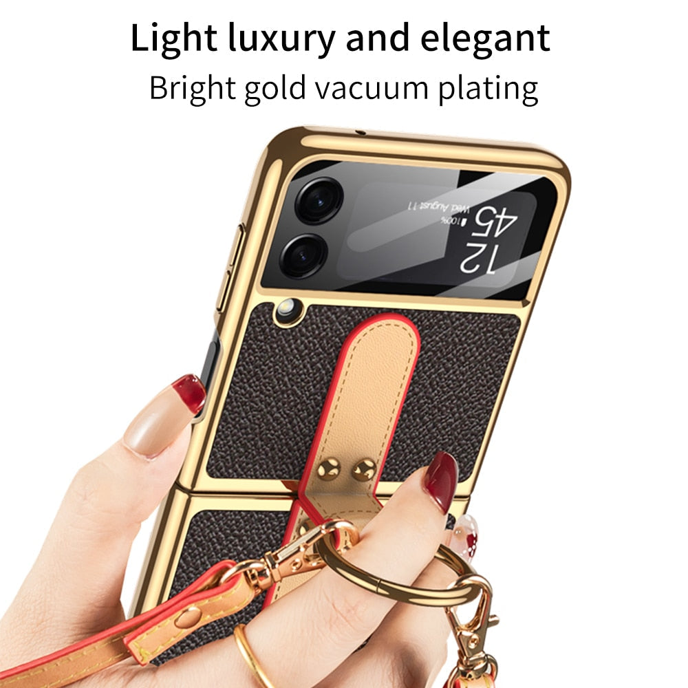 Luxury Leather Back Screen Tempered Glass Hard Frame Cover For Samsung Z Flip Series With Lanyard