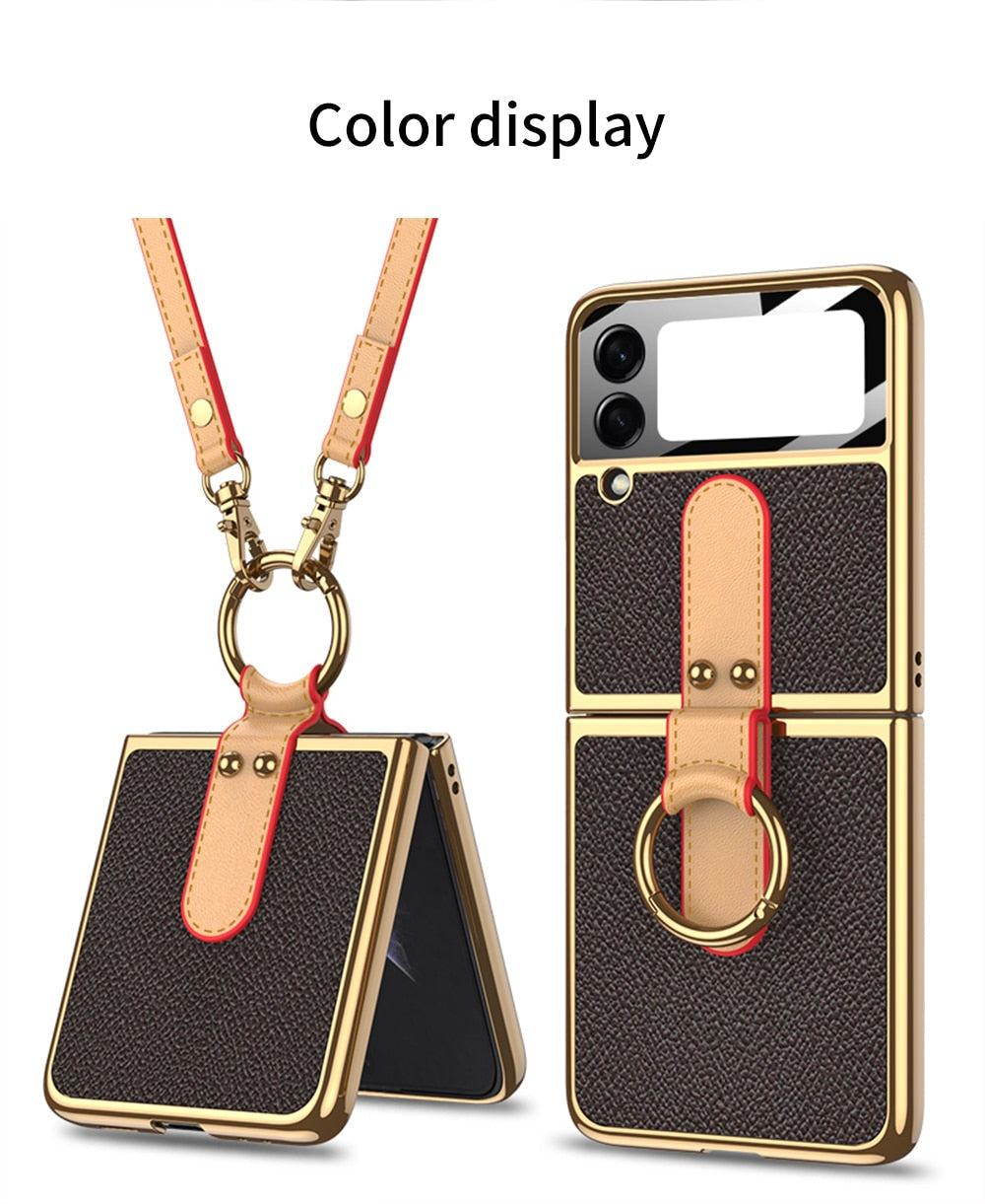 Luxury Leather Back Screen Tempered Glass Hard Frame Cover For Samsung Z Flip Series With Lanyard