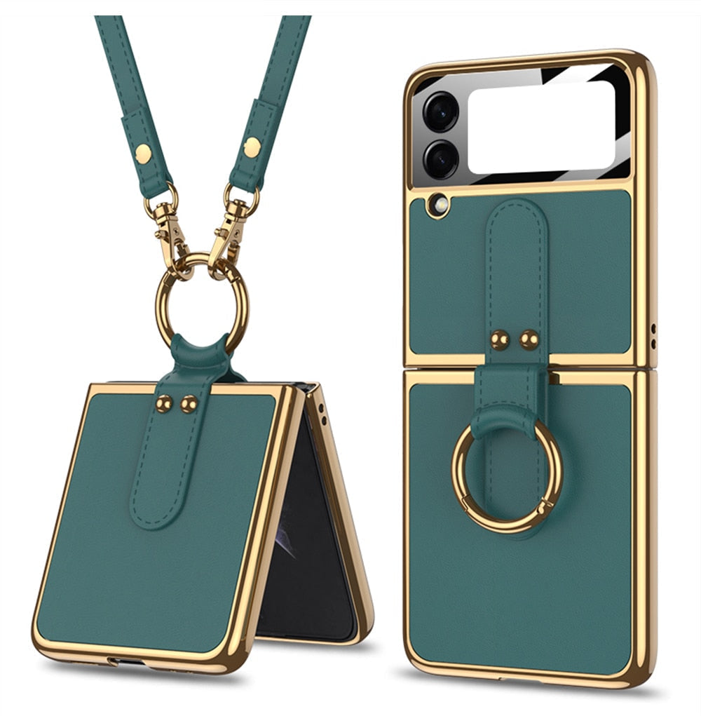Luxury Leather Back Screen Tempered Glass Hard Frame Cover For Samsung Z Flip Series With Lanyard