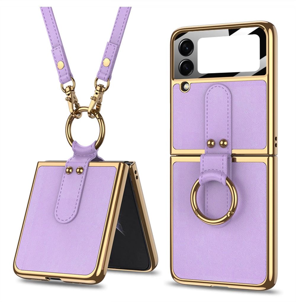 Luxury Leather Back Screen Tempered Glass Hard Frame Cover For Samsung Z Flip Series With Lanyard