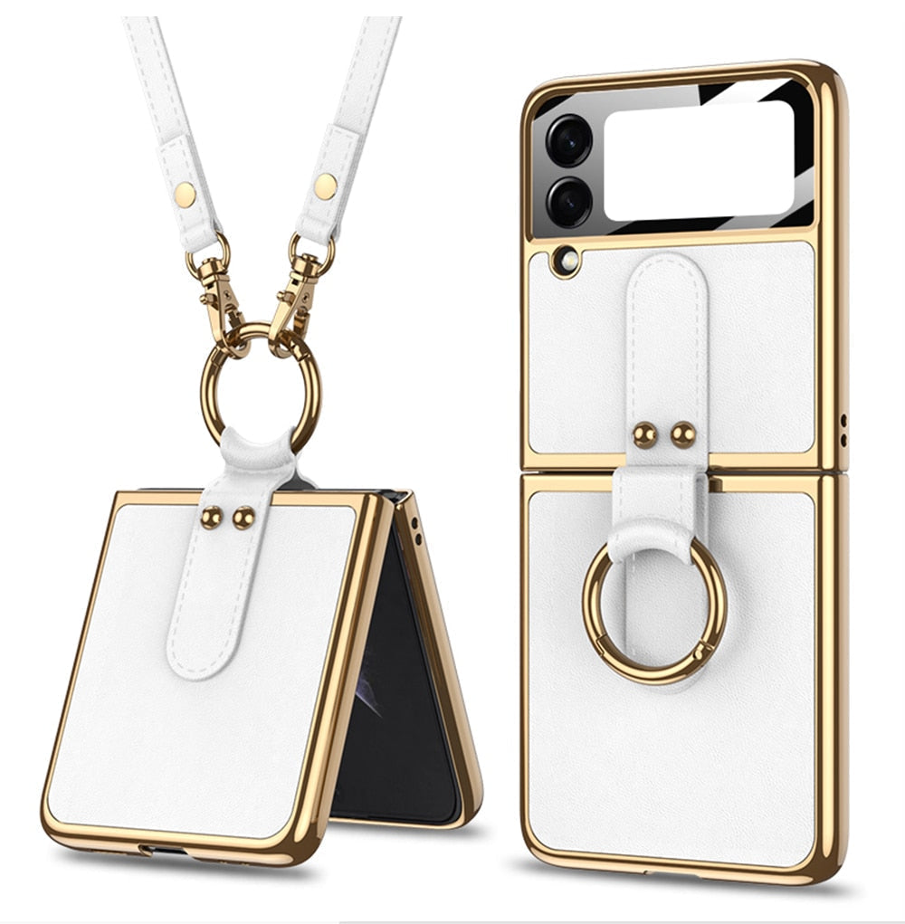 Luxury Leather Back Screen Tempered Glass Hard Frame Cover For Samsung Z Flip Series With Lanyard