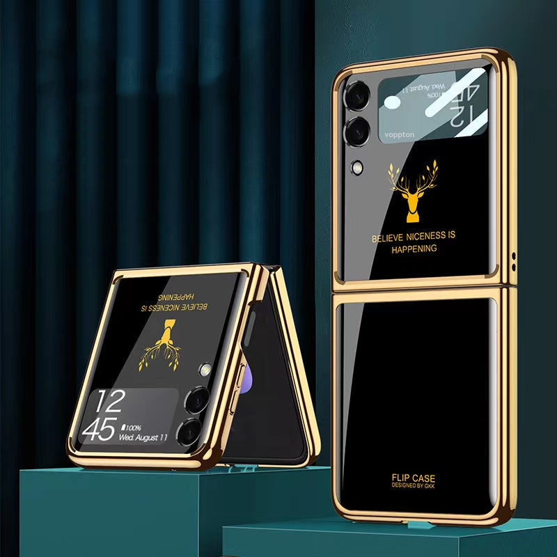 Luxury Deer Pattern Electroplating Tempered Glass Case For Samsung Z Flip Series