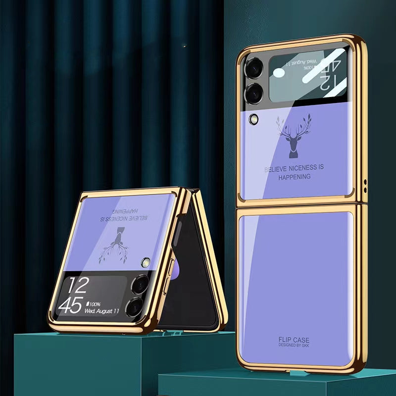 Luxury Deer Pattern Electroplating Tempered Glass Case For Samsung Z Flip Series