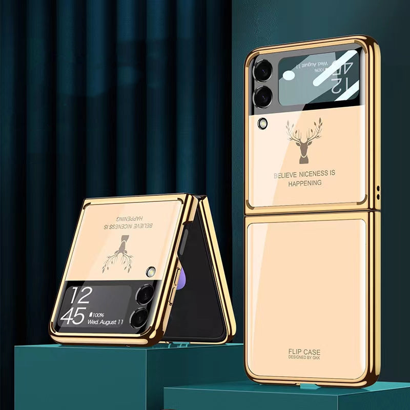 Luxury Deer Pattern Electroplating Tempered Glass Case For Samsung Z Flip Series