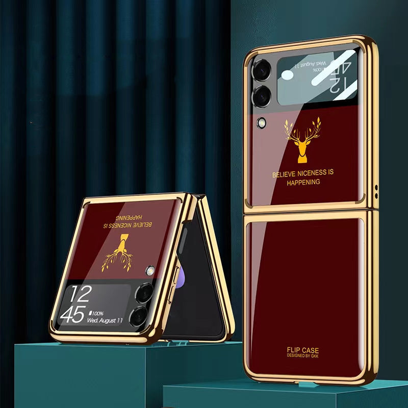 Luxury Deer Pattern Electroplating Tempered Glass Case For Samsung Z Flip Series